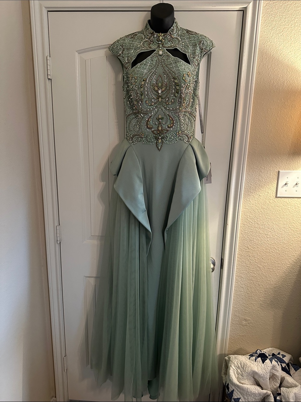 Beaded Sage Green Prom Gown with Tulle Skirt